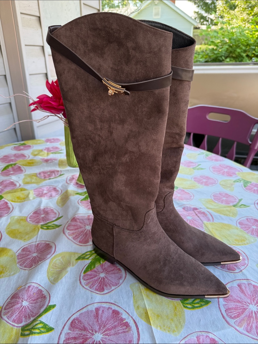NWT in box Women’s Brown Faux Suede size 7.5 gold tips Knee-High 16.5” tall
